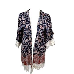 Gypsies & Moondust Womens Size Med Kimono Navy Blue Floral 3/4 Lace Sleeve